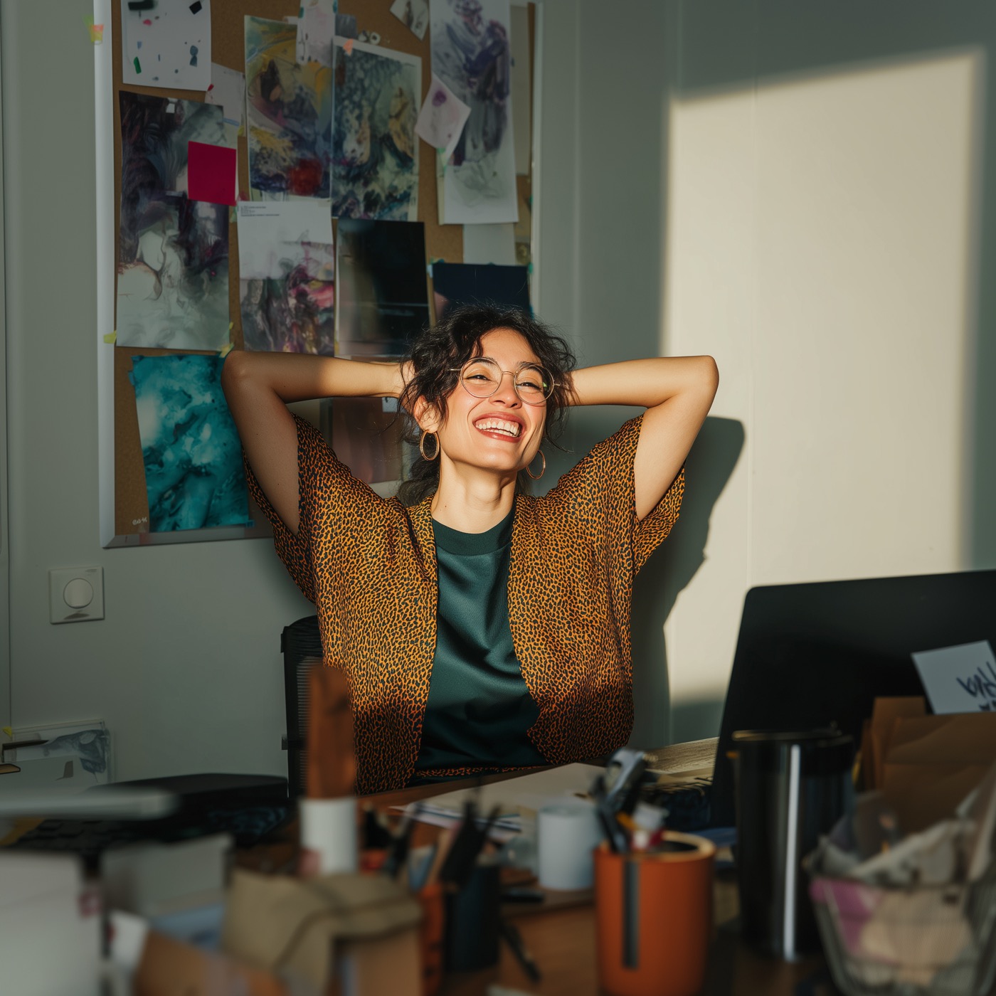 Person working at desk with colorful artwork